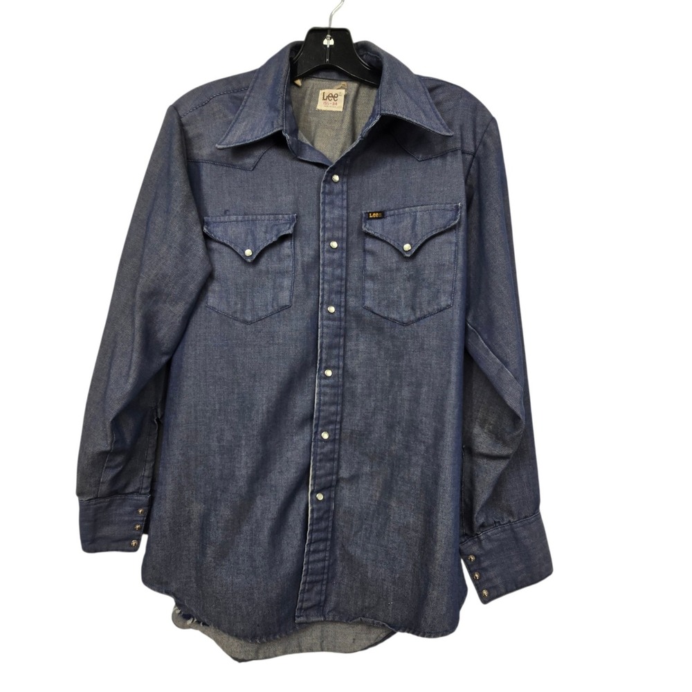 Vintage 70s LEE Pearl Snap Denim Shirt Mens 15-1/2 34 Long Sleeve Western Rodeo